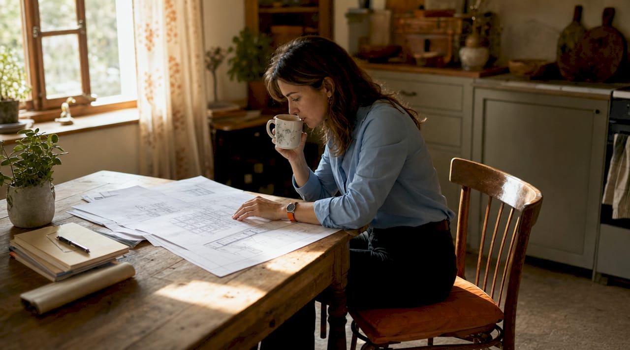 Hands reviewing architectural design plans on table