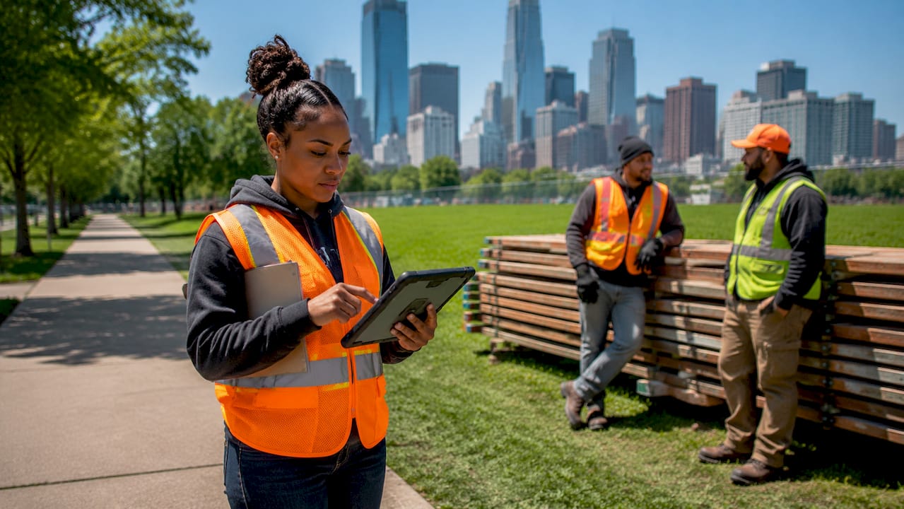Site supervisor using tablet on construction site