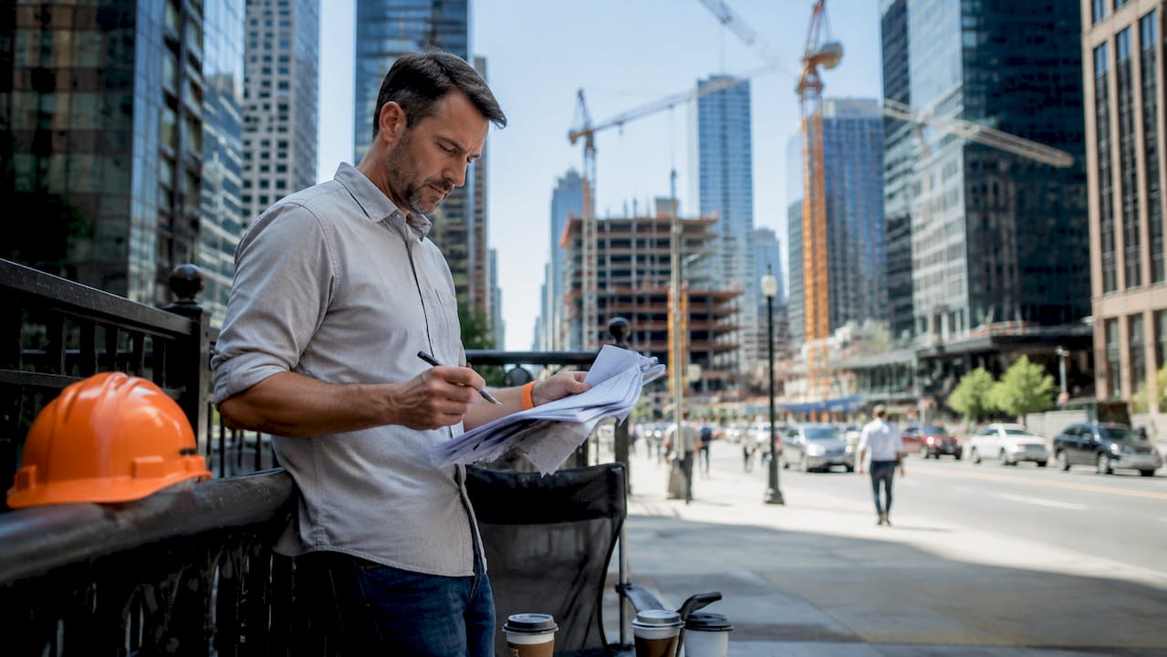 Project manager reviewing CRM paperwork in office
