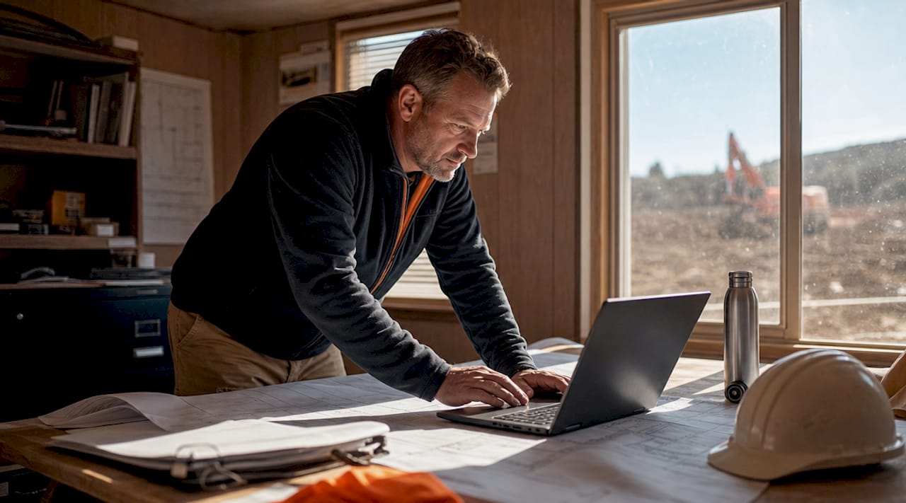 Project manager using CRM on laptop in site trailer