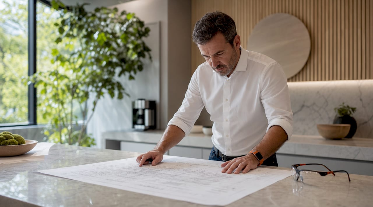Contractor reviewing blueprints at drafting table
