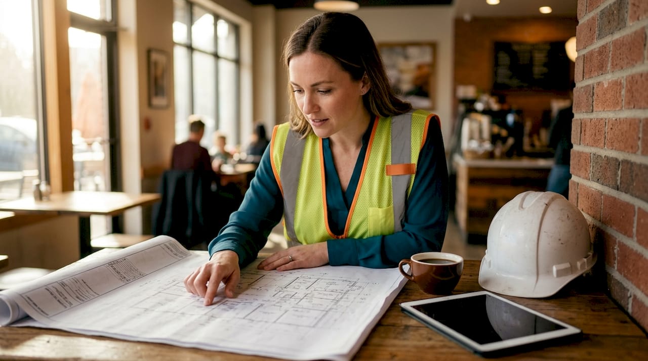 Consultant reviewing construction plans in trailer
