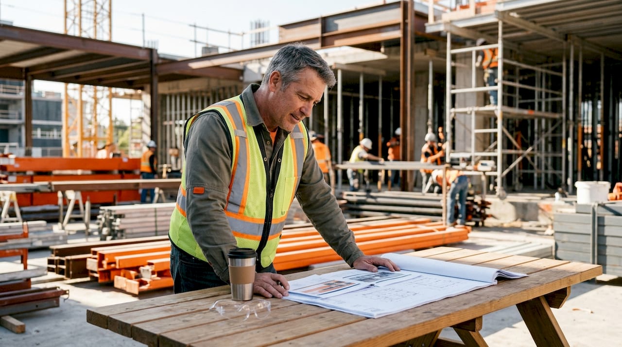 Project manager reviewing construction reports outdoors