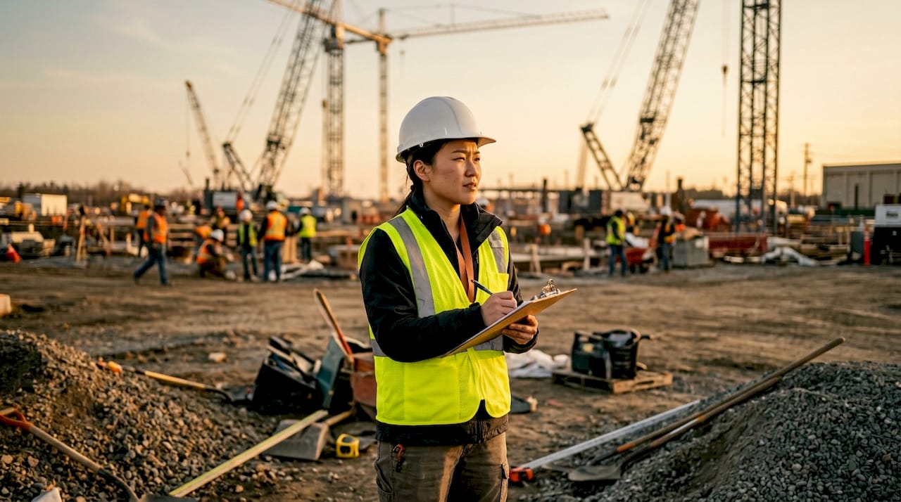 Woman contractor conducting construction site safety review