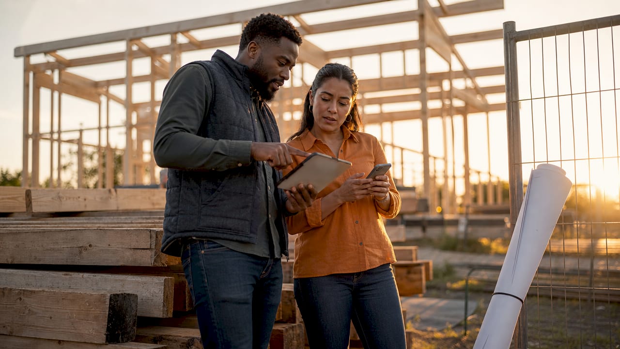 Two contractors discussing follow-up on digital devices