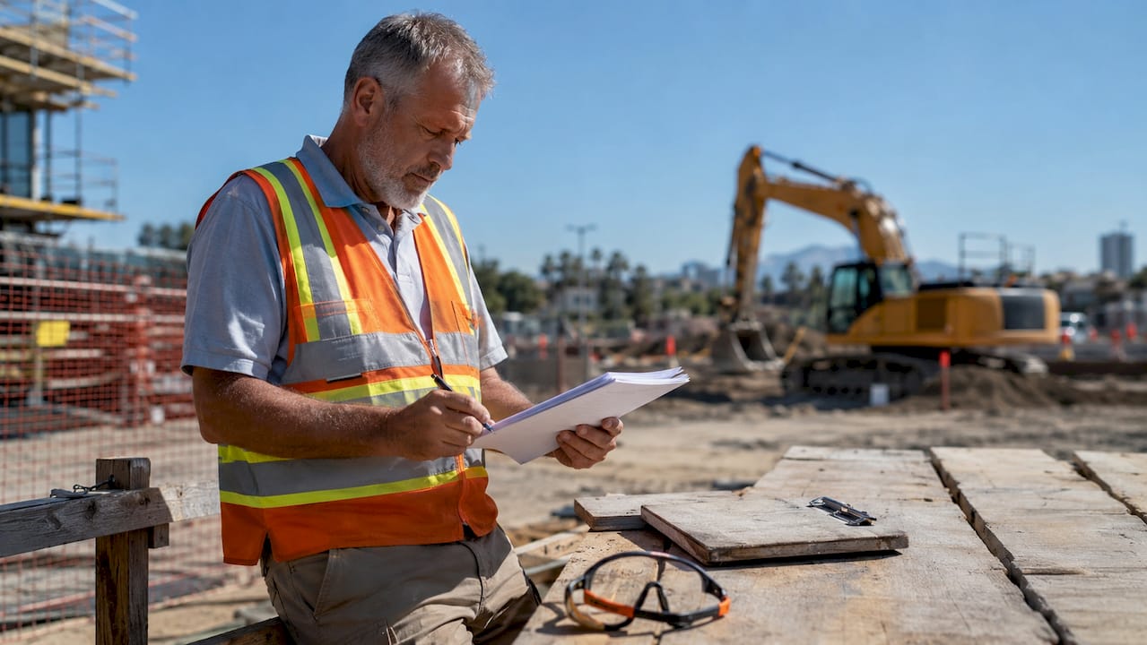 Hands reviewing subcontractor safety documentation outdoors