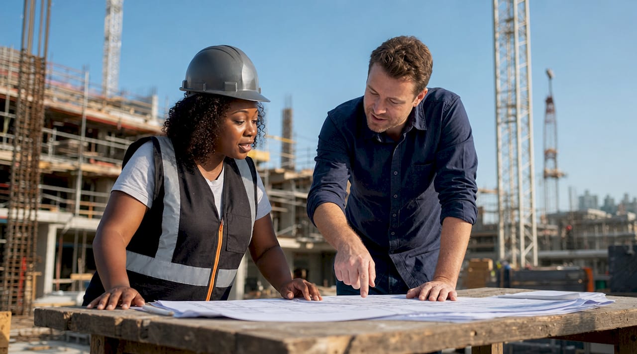 Diverse team discussing construction plans onsite