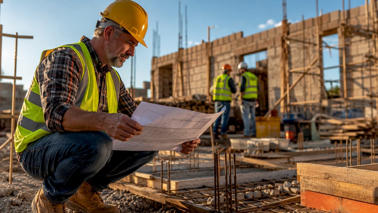 Consultant reviewing site plan at construction site