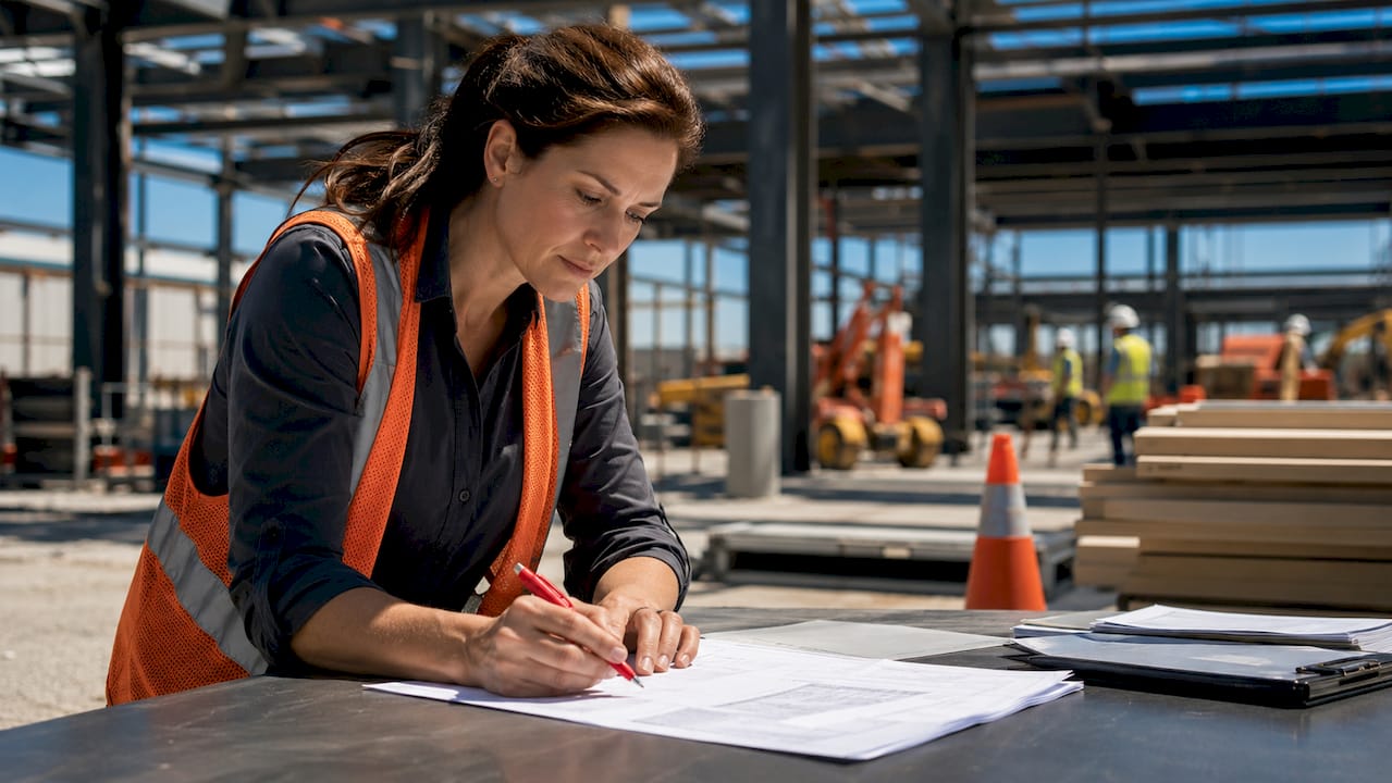 Construction project manager reviewing onboarding paperwork