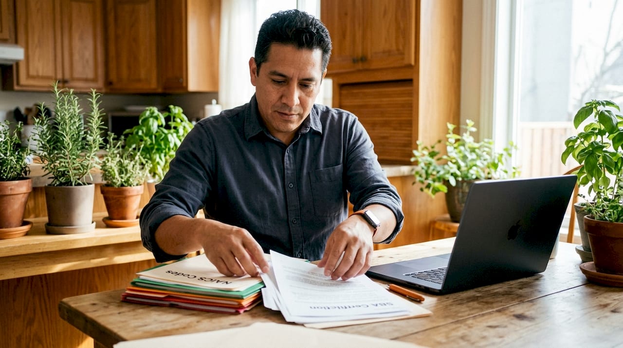 Hands organizing SBA certification documents