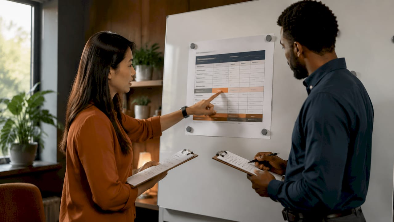Two professionals discussing contract tier approvals