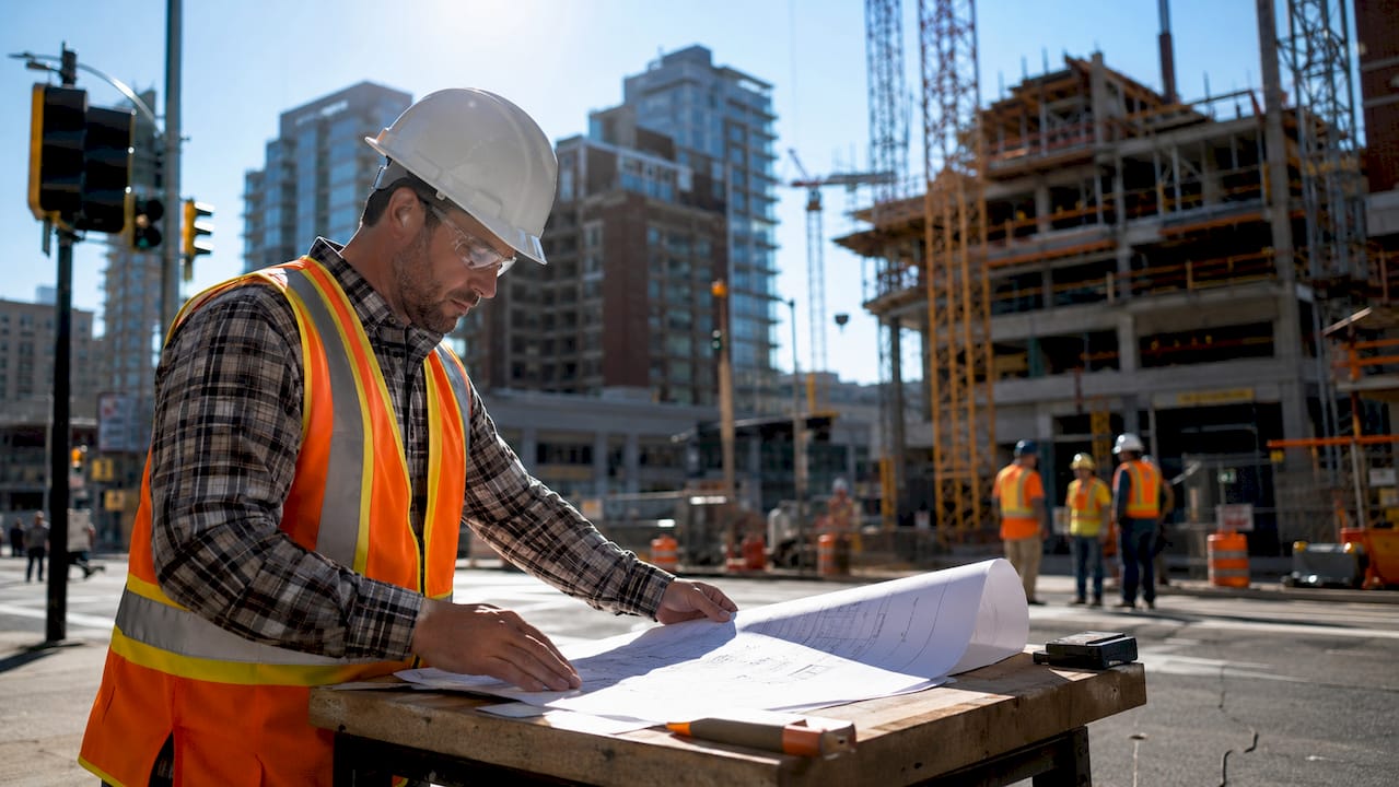 Construction project manager reviewing blueprints on site