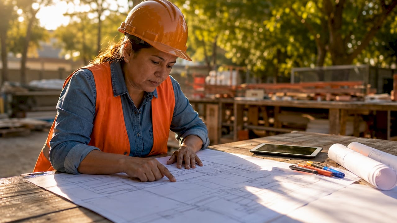 Construction manager reviewing blueprints in trailer