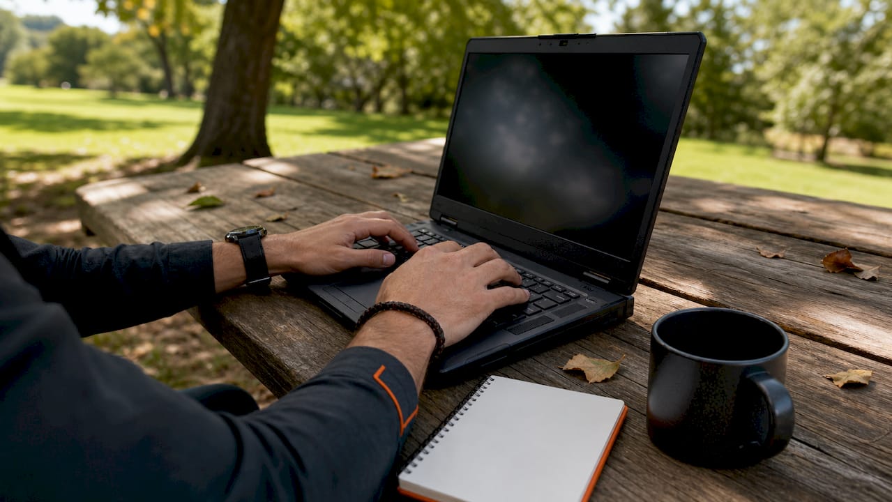 Hands typing multi-touch follow-up sequence on laptop