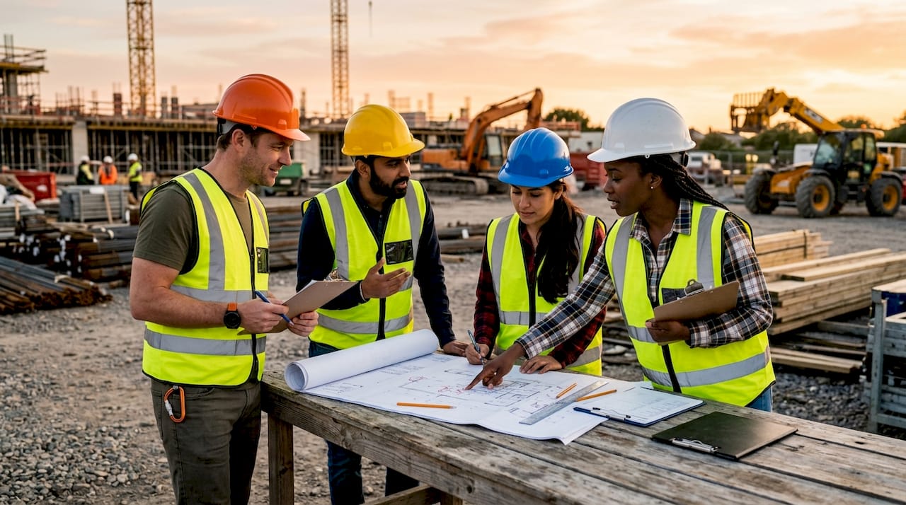 Construction team discussing project at site meeting