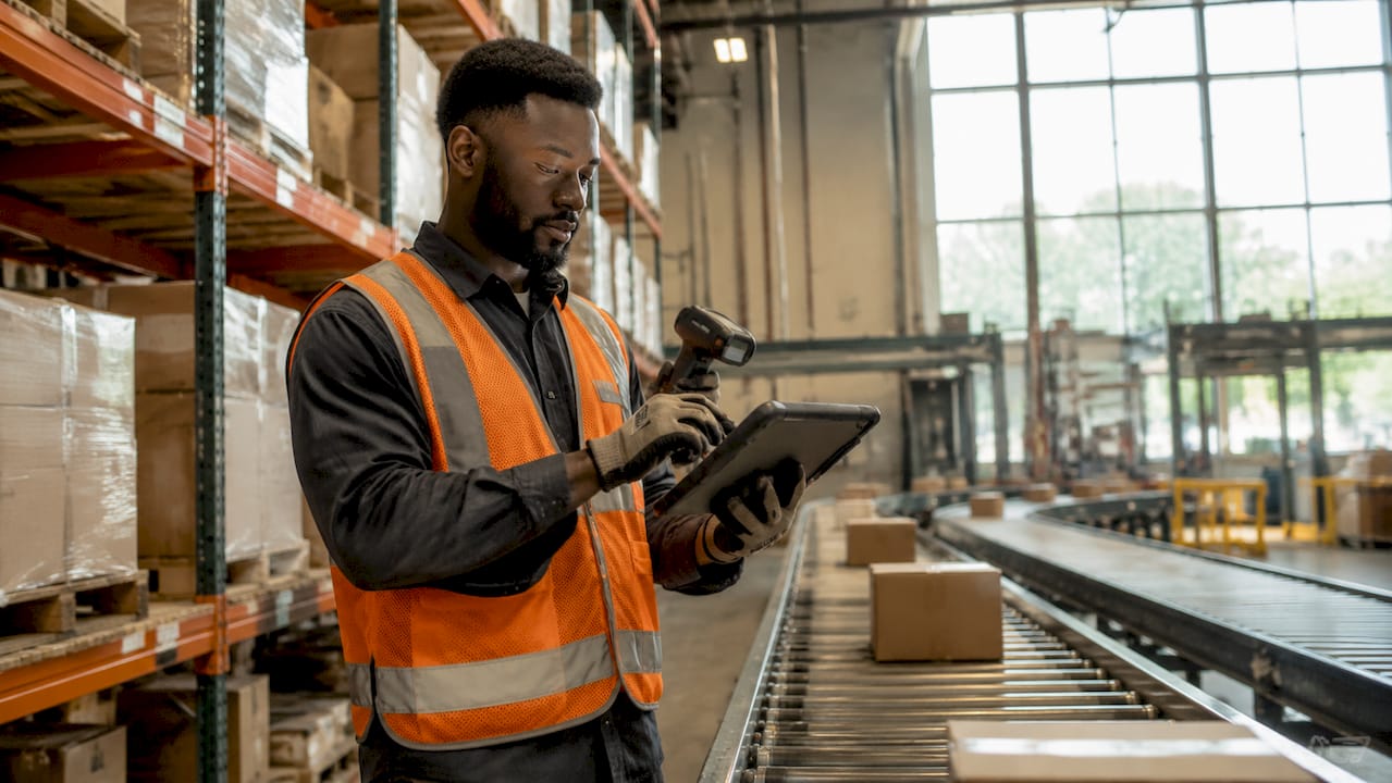 Warehouse worker updating inventory using scanner and tablet