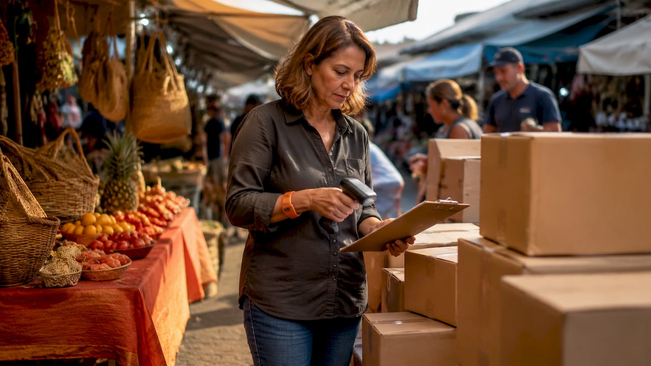 Woman scanning inventory boxes in warehouse office