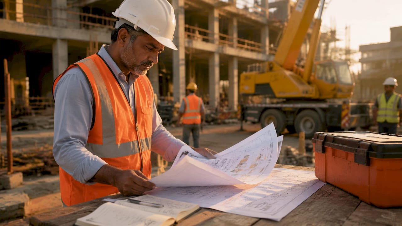 Contractor reviewing sustainable growth plans outdoors