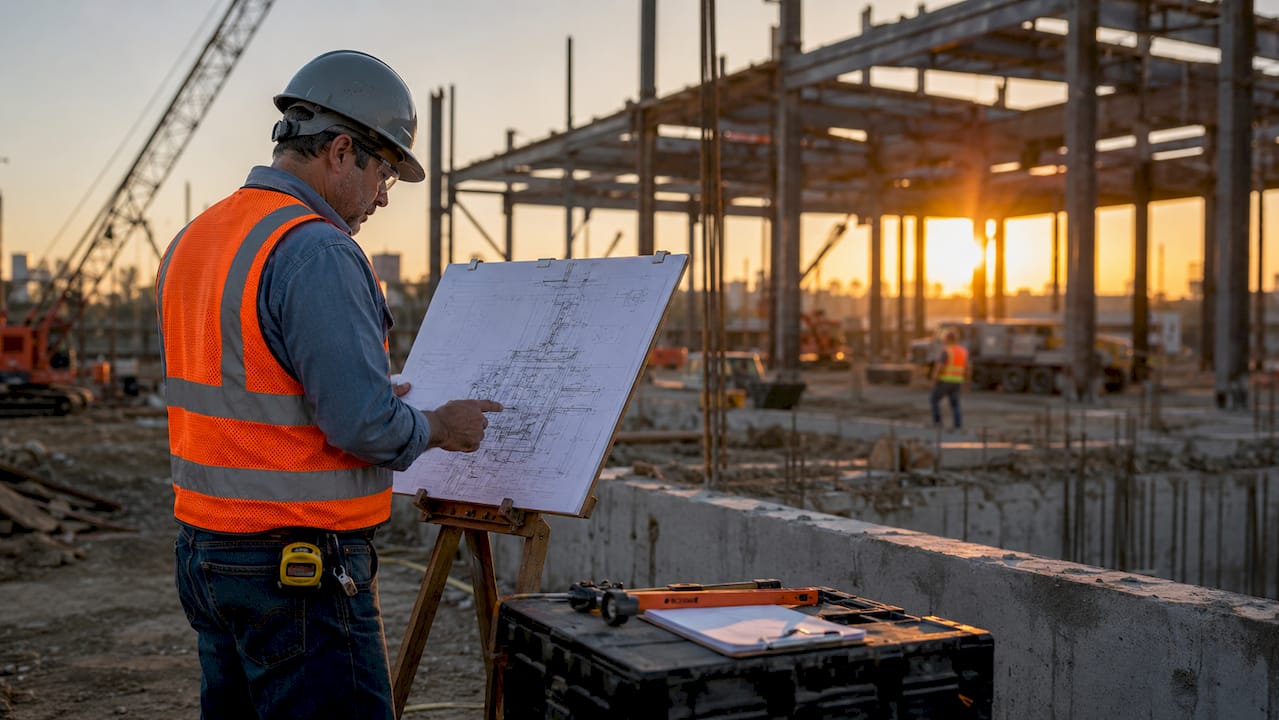 Subcontractor reviewing plans at construction site