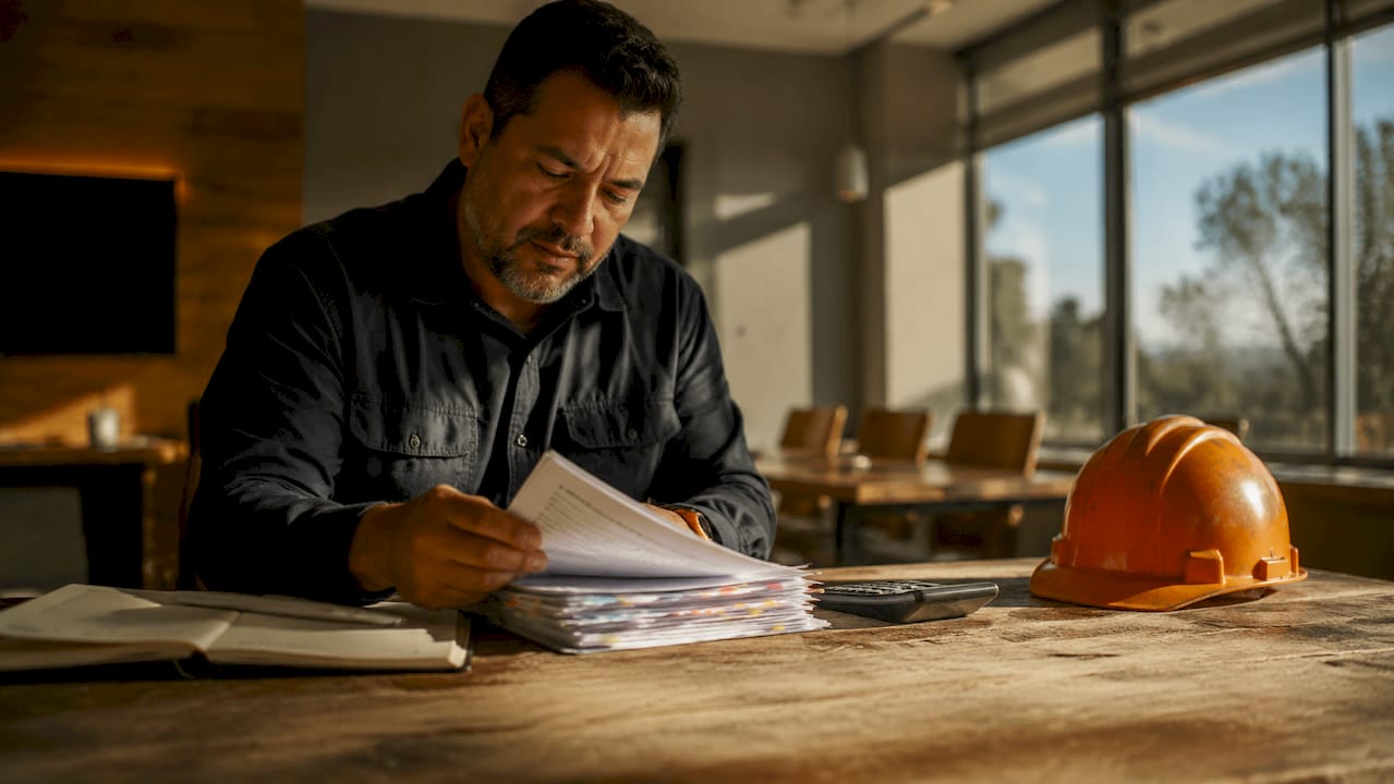 Contractor reviewing federal bonding documents at desk