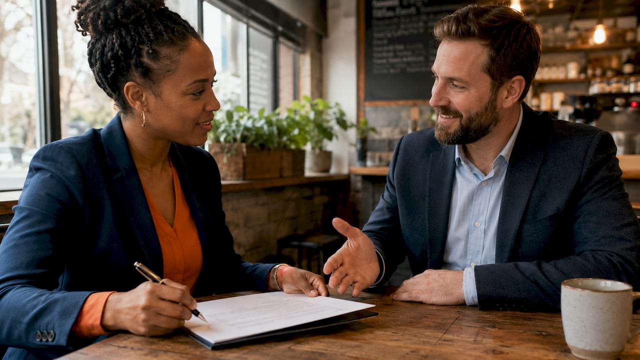 Contractor and surety agent signing bond contract