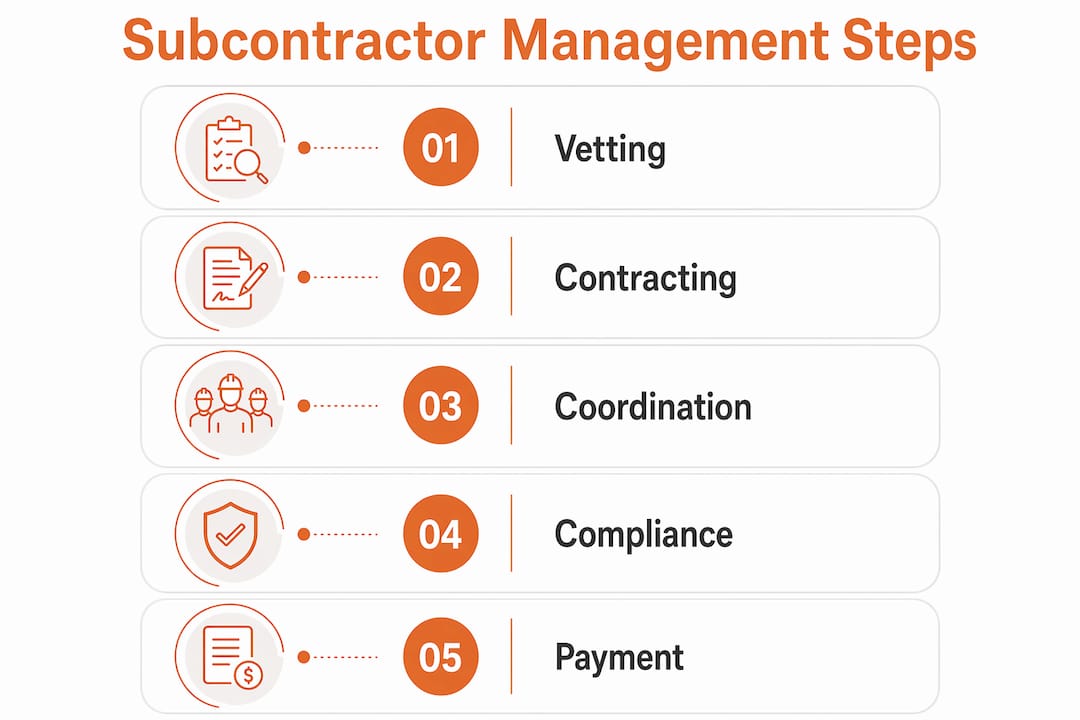 Infographic illustrating five steps of subcontractor management