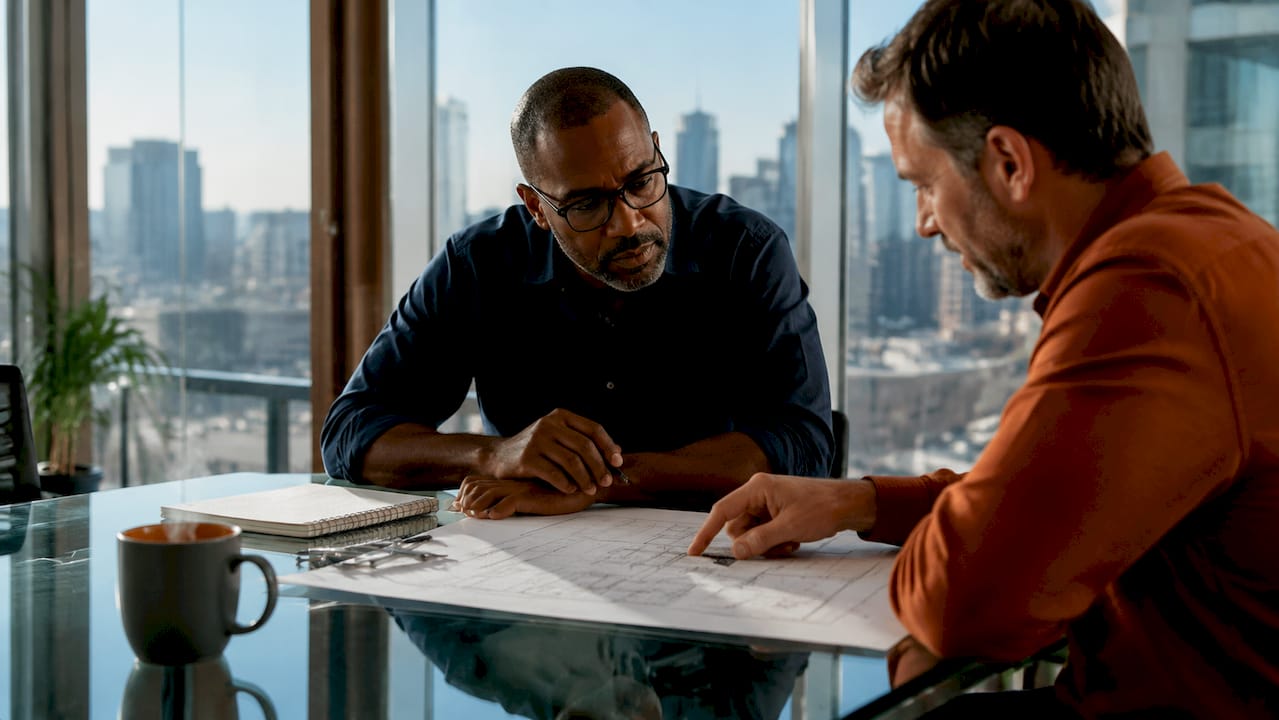 Construction advisor reviewing project plans with contractor