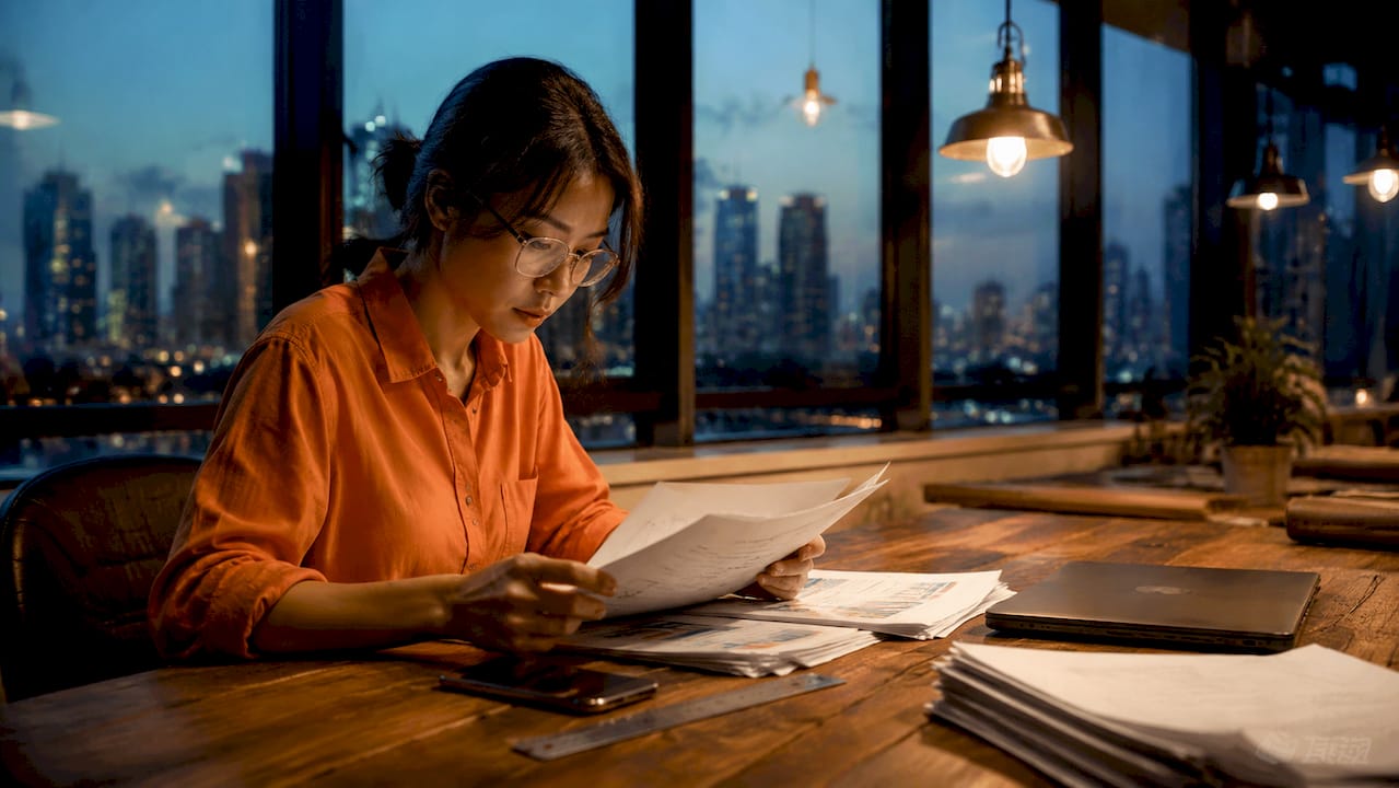 Construction consultant reviewing financial documents at desk