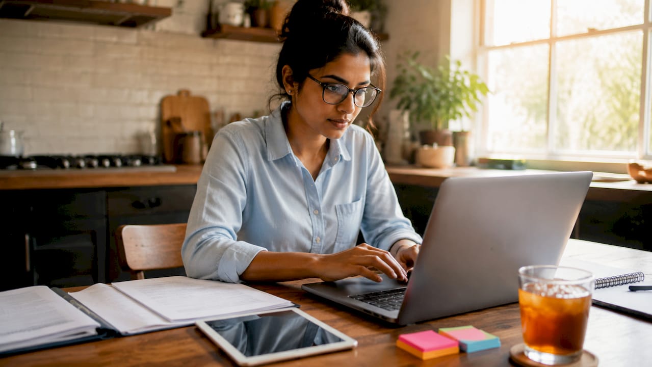 Woman typing SAM application on laptop at coworking space