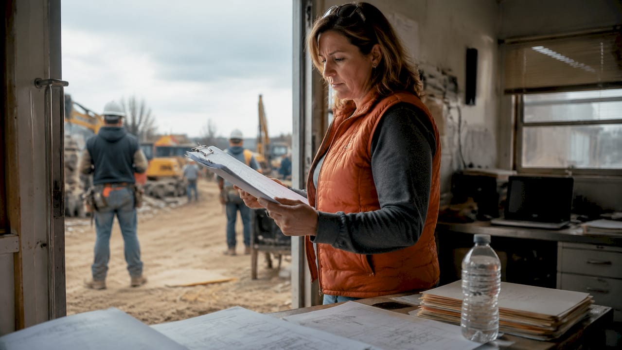 Project manager reviewing subcontractor schedules outdoors