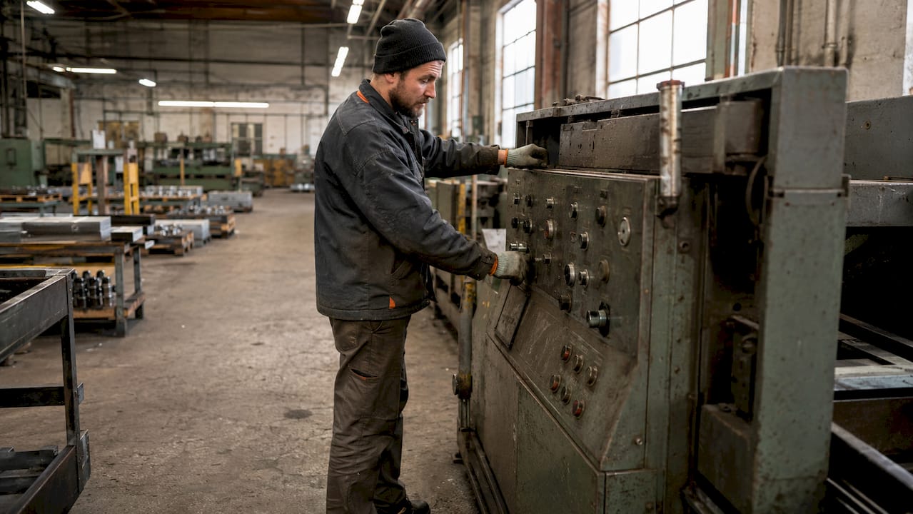 Technician hands adjusting manufacturing control panel