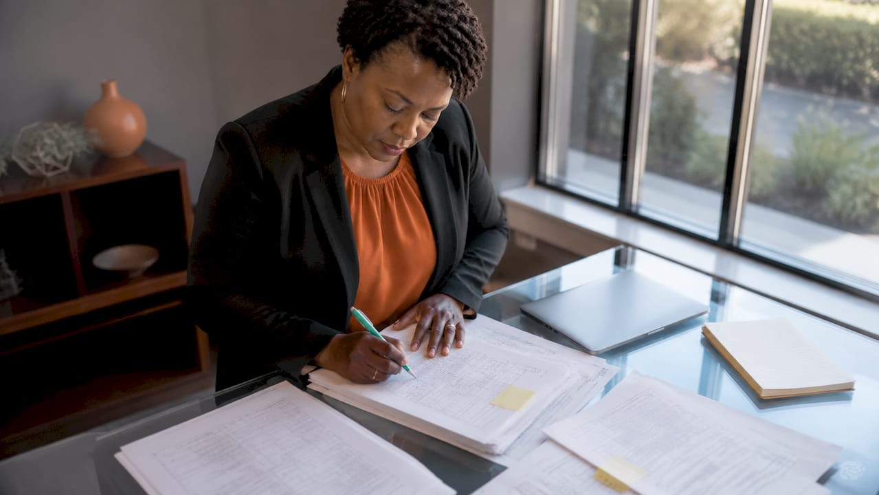 Project manager reviewing federal bid documents