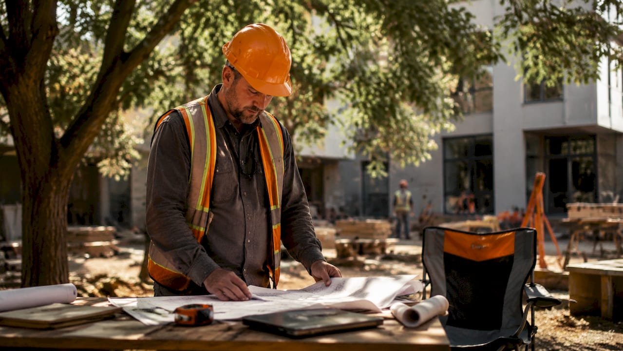 Construction manager reviewing CRM bid documents in site office