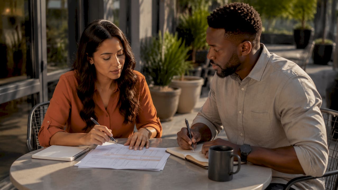 Two professionals reviewing subcontractor criteria