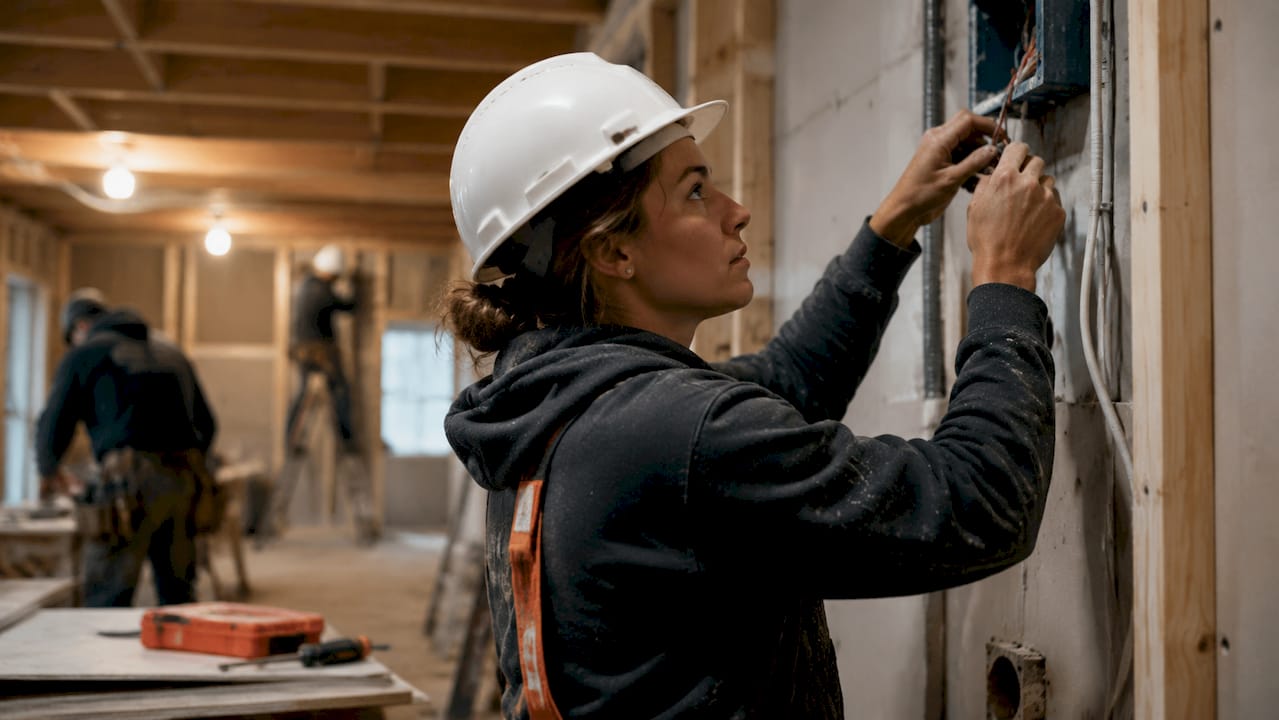 Electrical subcontractor installing wiring indoors