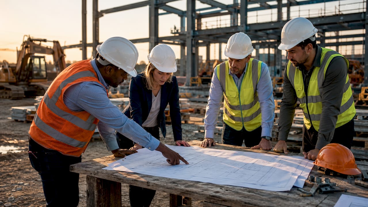 Team discussing commercial construction plans outdoors