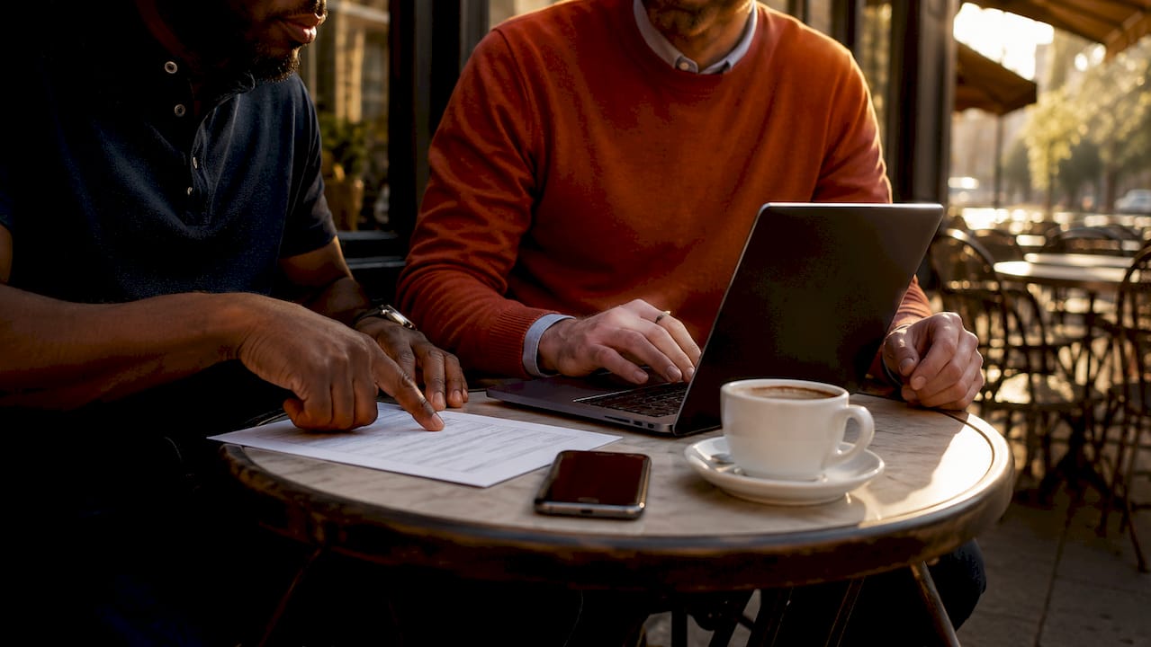 Collaborative hands reviewing IRS CP-575 letter by laptop