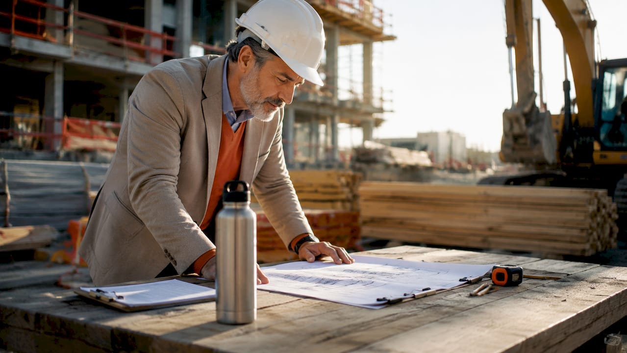 Consultant reviewing blueprints at construction office