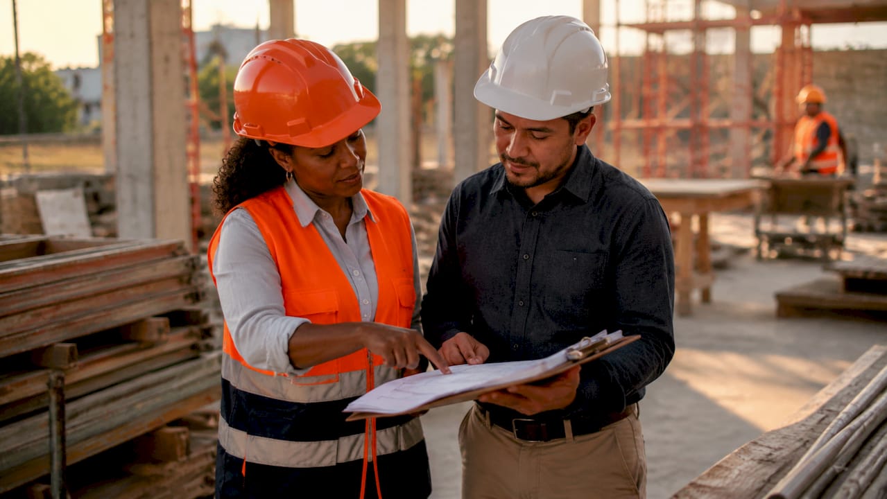 Contractors discussing construction plans in office