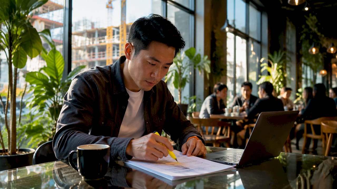 Professional using construction CRM software in office