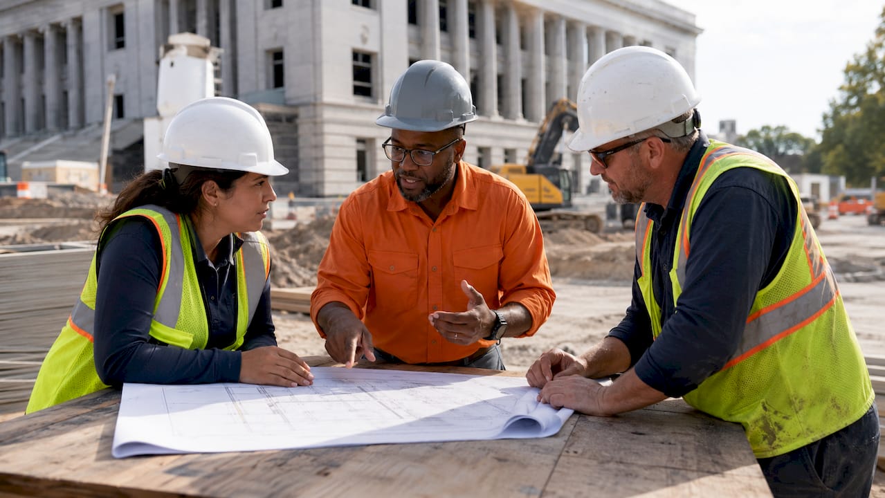 Contracting officer and contractors discussing on site