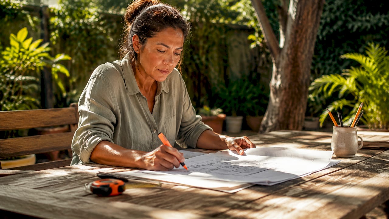 Contractor reviewing remodeling plan at desk