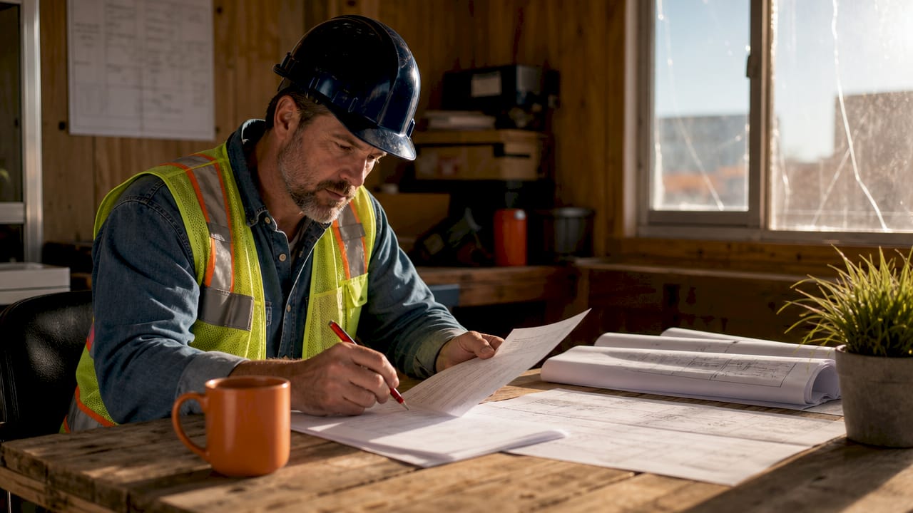 Construction manager reviewing subcontractor documents