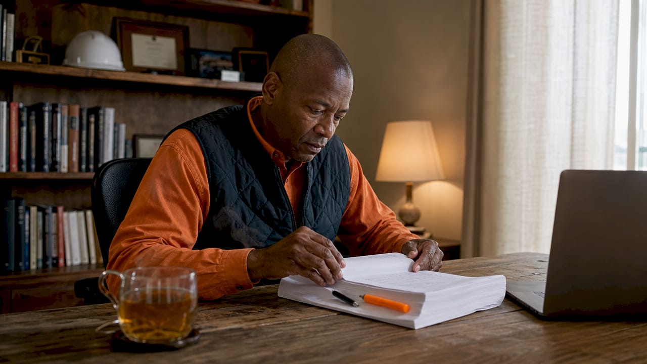 Contractor reviewing federal contract paperwork