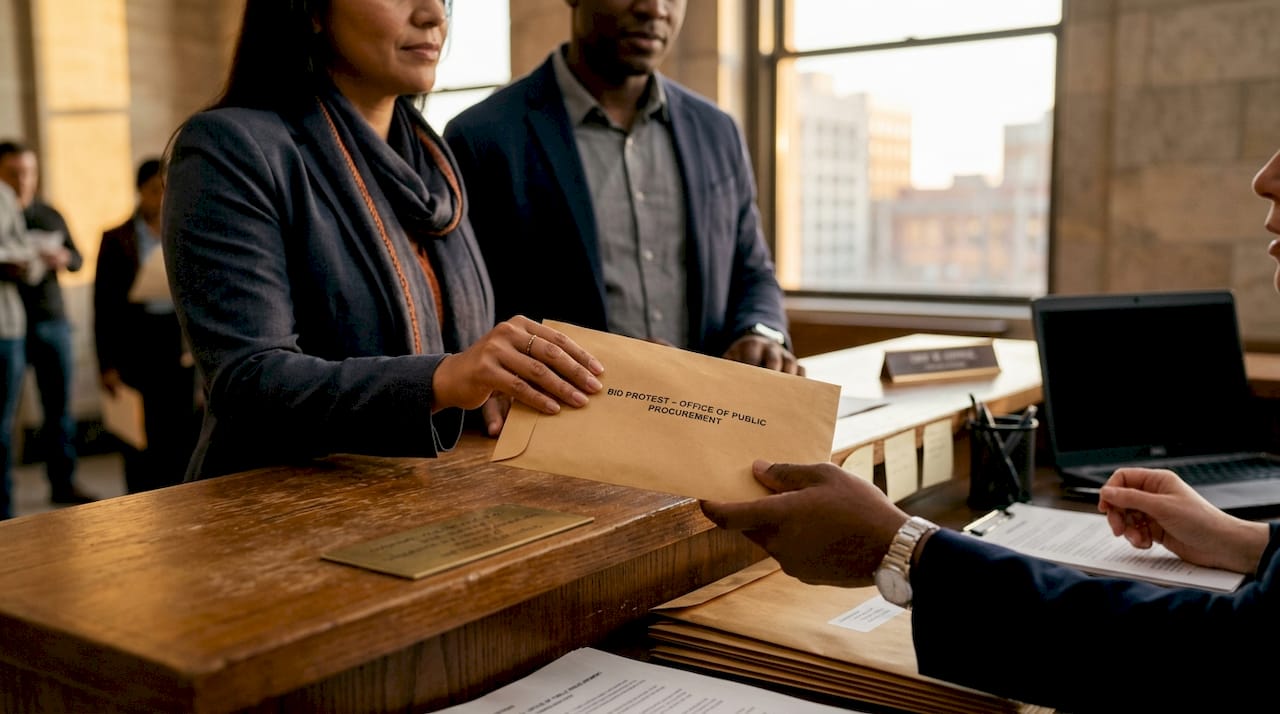 Hands submitting municipal bid protest envelope