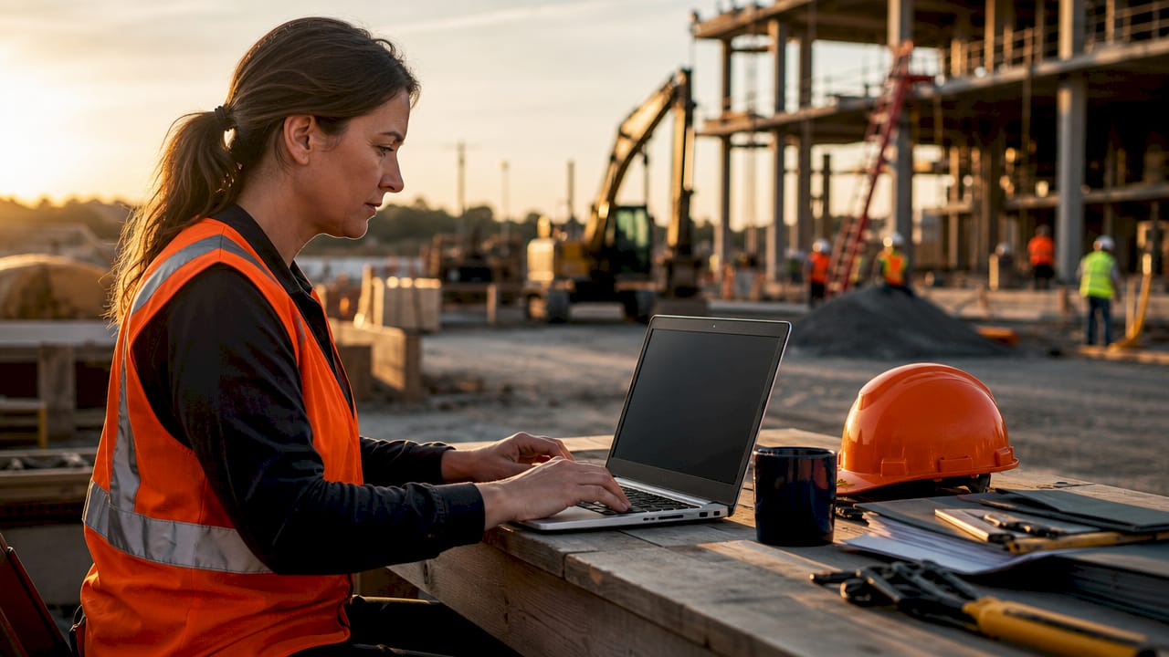 Hands typing on laptop at construction site