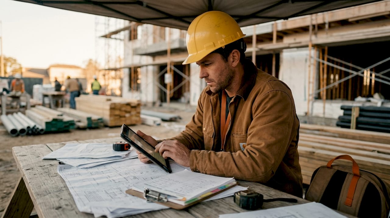 Contractor using tablet for construction management