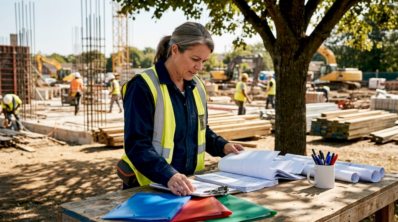Project manager reviewing construction software documents
