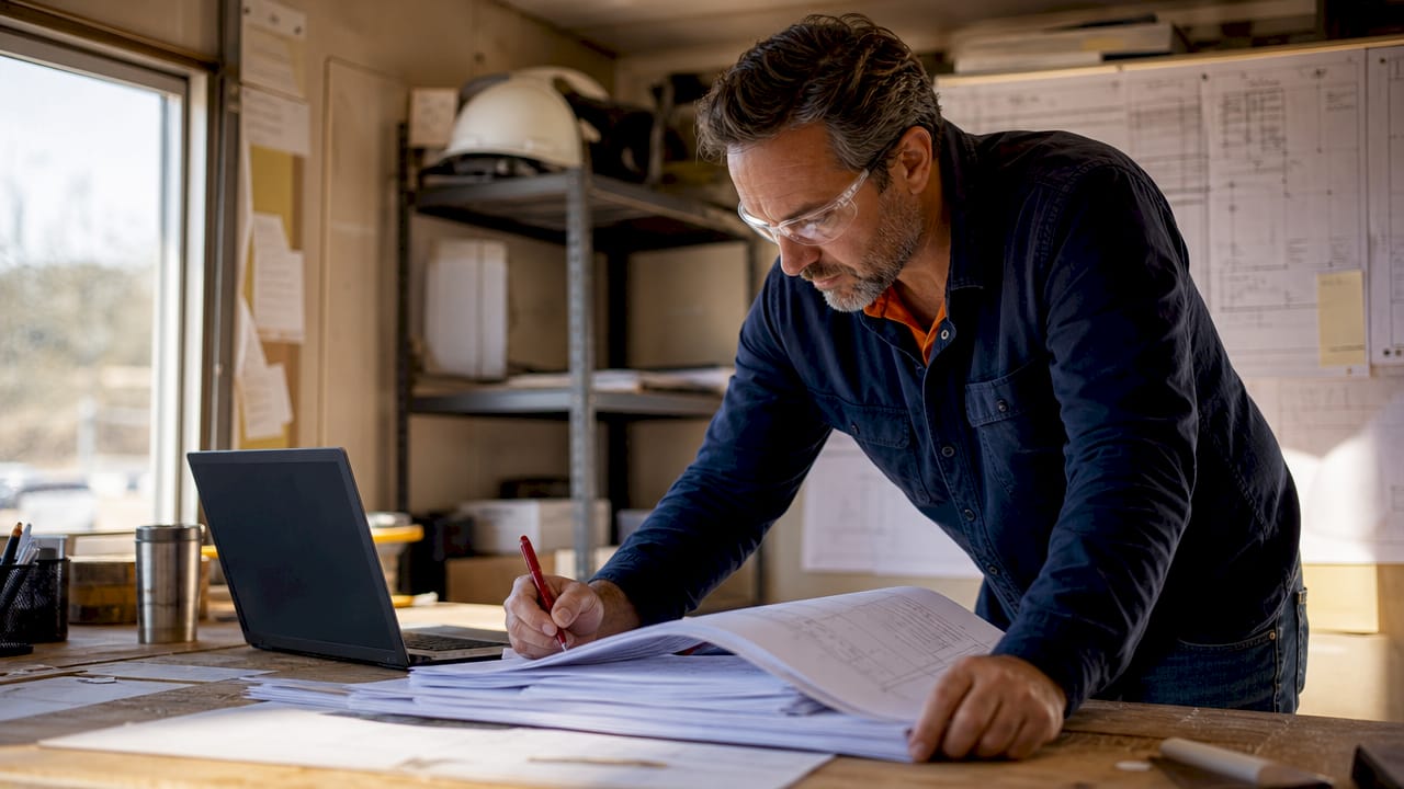 Contractor reviewing construction bid documents