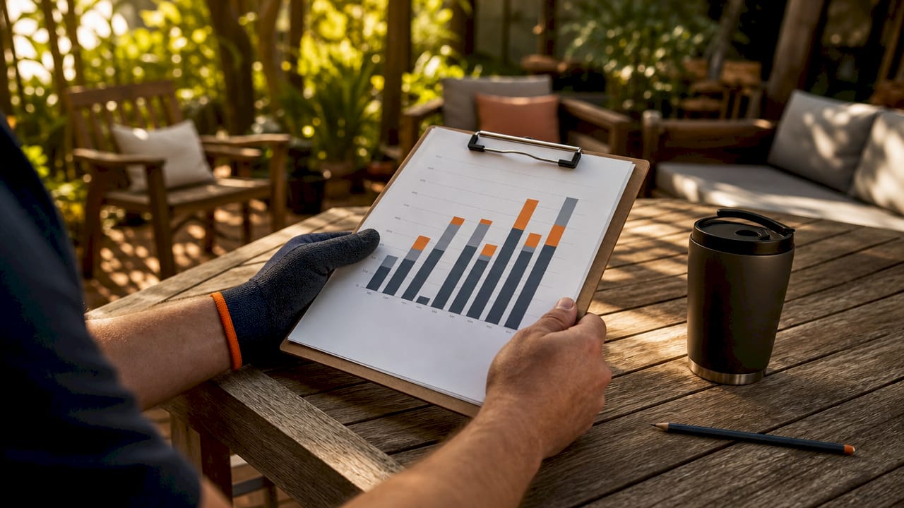Hands holding bid win rates chart on clipboard